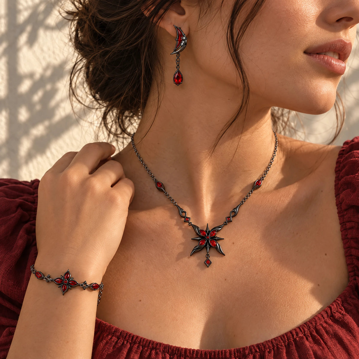 Full Arlecchino Jewelry Collection in black worn together