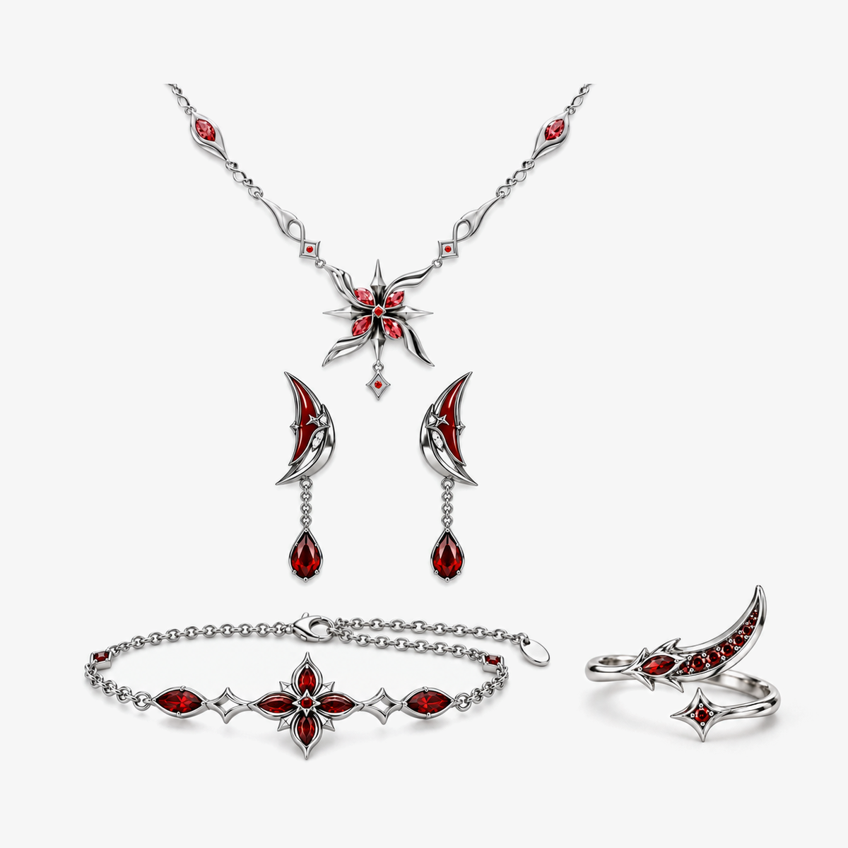 Full Arlecchino Jewelry Collection in silver, necklace, earrings, bracelet and adjustable ring