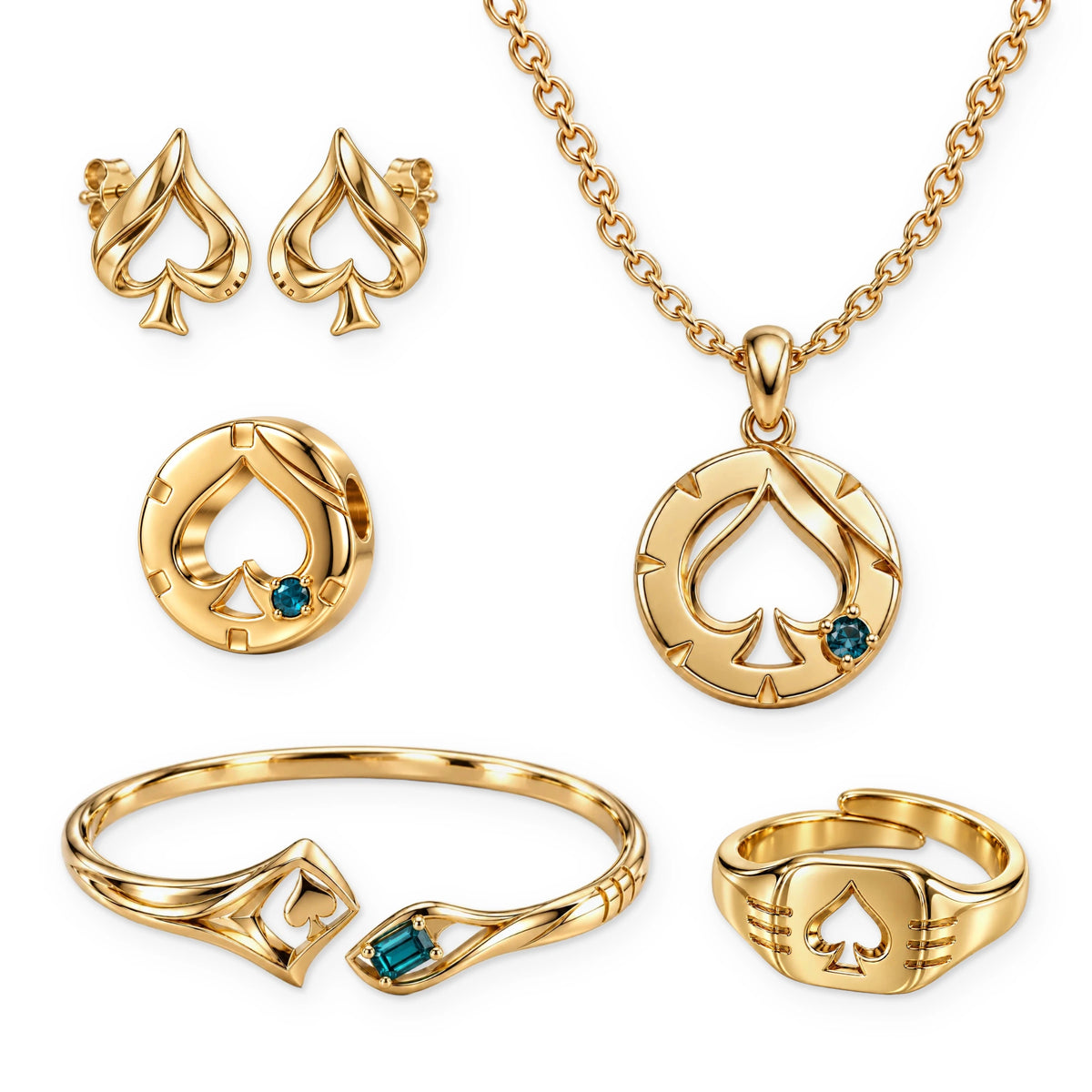 Full Aventurine Collection: Edge of Fortune Ring, Silent Tell Earrings, House Medallion Necklace, Quiet Risk Bracelet and House Seal Charm in gold, on white. A second House Seal charm comes free