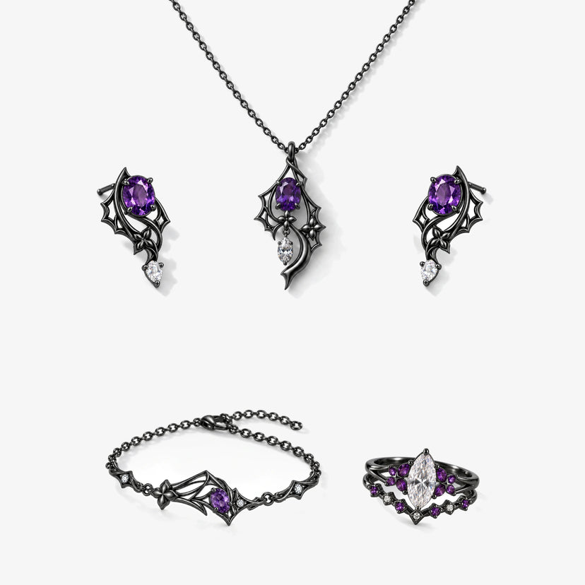 Full Black Swan Memoria Jewelry Collection in Royal Black: necklace, earrings, bracelet and two-in-one ring