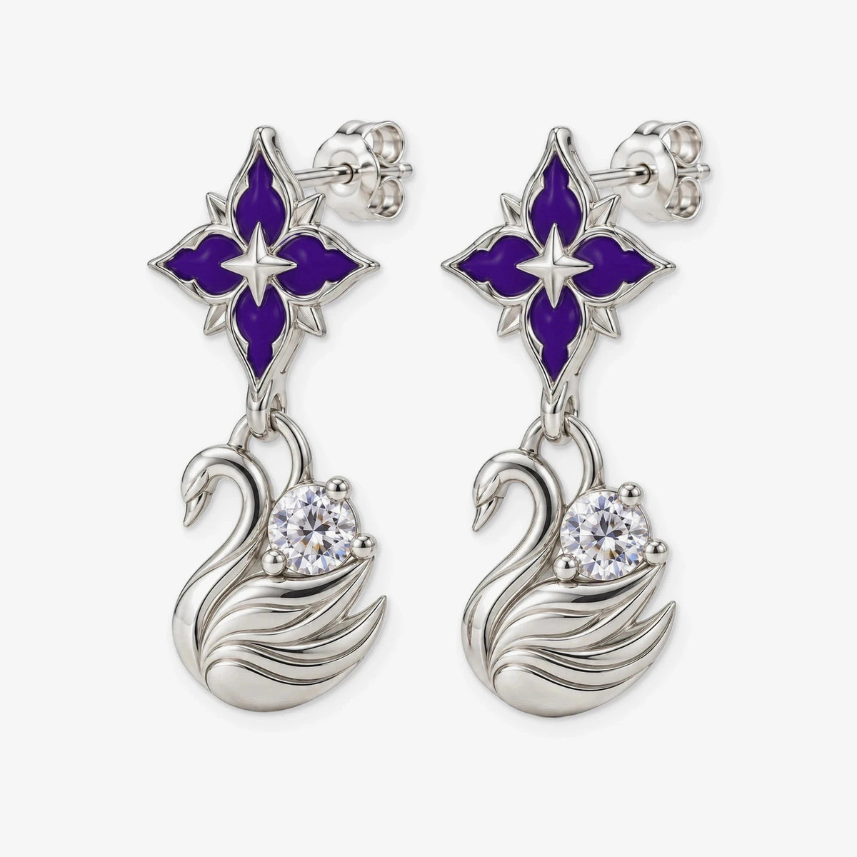 Black Swan Violet Star Earrings in silver, front view