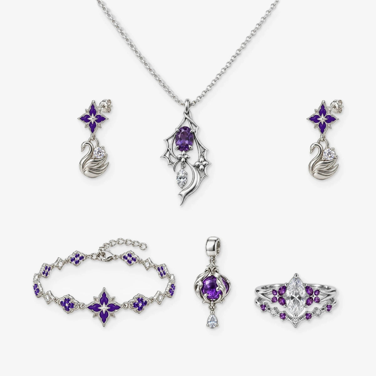 Full Black Swan Violet Star Collection in silver: violet star earrings, Memoria necklace, violet star bracelet, Memory Orb charm and Memoria two-in-one ring, on white. A second Memory Orb charm comes free