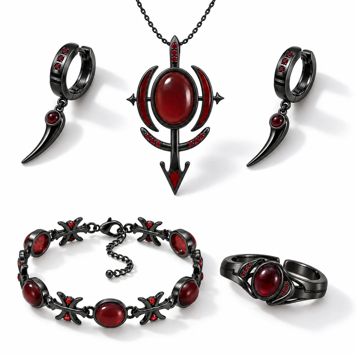 Full Blood Manipulation Jewelry Collection in Royal Black: arrow pendant necklace, blade drop huggie earrings, cross link bracelet and ring with red stones