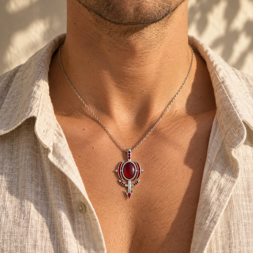 Blood Manipulation arrow pendant necklace in silver worn on an open linen shirt