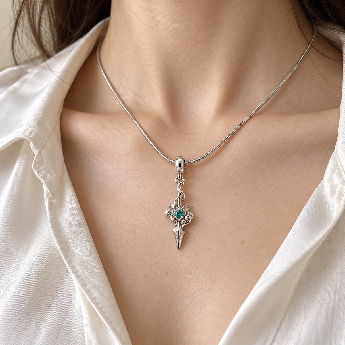 The free second Dan Heng Cloud-Piercer Charm worn on a simple silver chain necklace (chain not included)