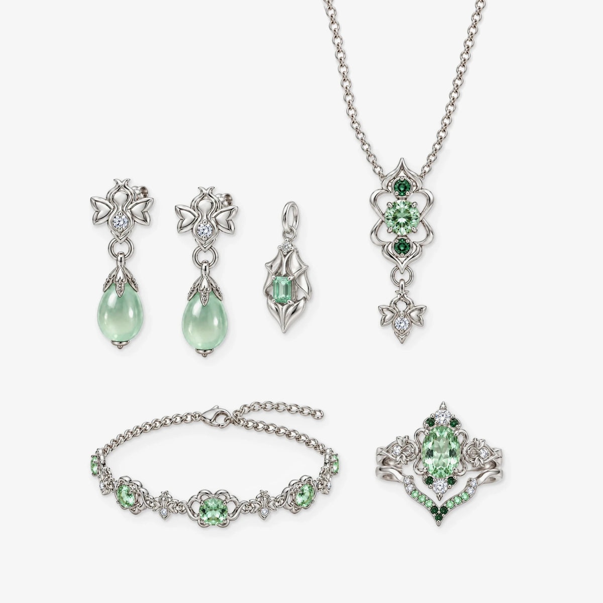 Full Firefly Jewelry Collection in 925 sterling silver: stacking ring set, earrings, armour petal charm, necklace and bracelet, on white. A second armour petal charm comes free