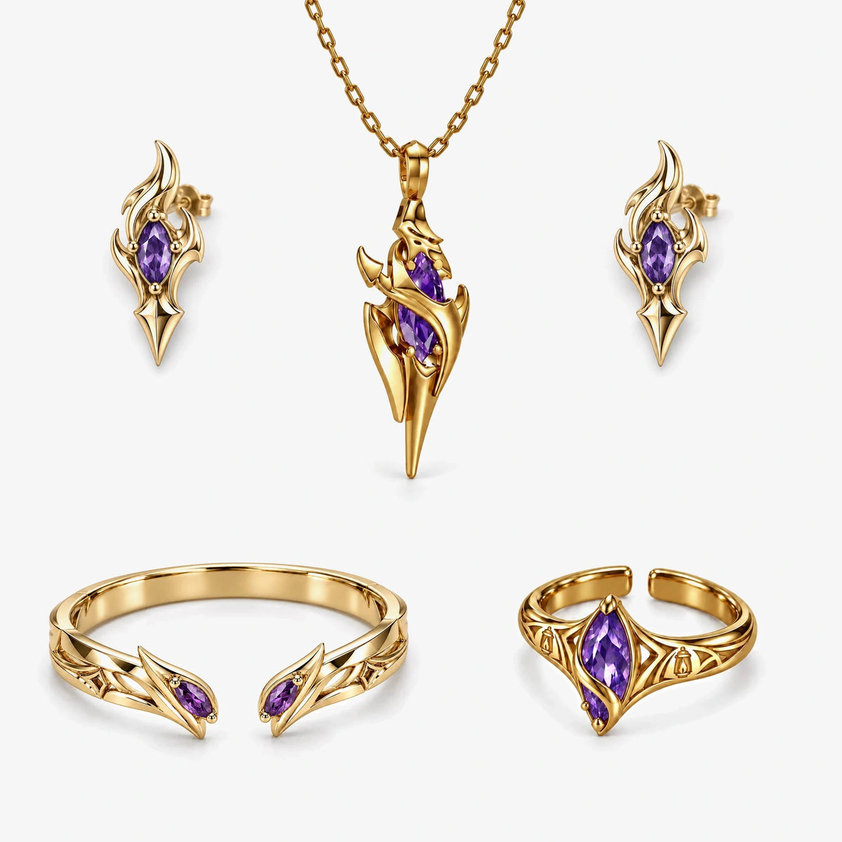 Full Flins Jewelry Collection in gold: violet spear necklace, flame stud earrings, fang cuff bracelet and lantern ring