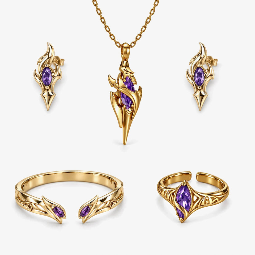 Full Flins Jewelry Collection in gold: violet spear necklace, flame stud earrings, fang cuff bracelet and lantern ring