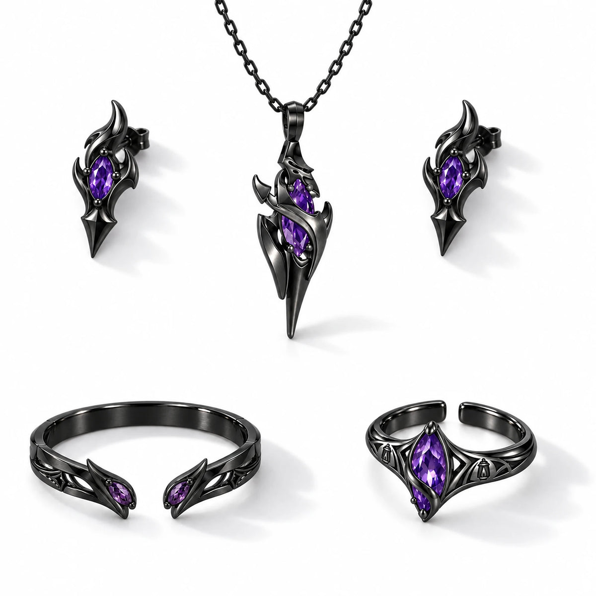 Full Flins Jewelry Collection in Royal Black: violet spear necklace, flame stud earrings, fang cuff bracelet and lantern ring