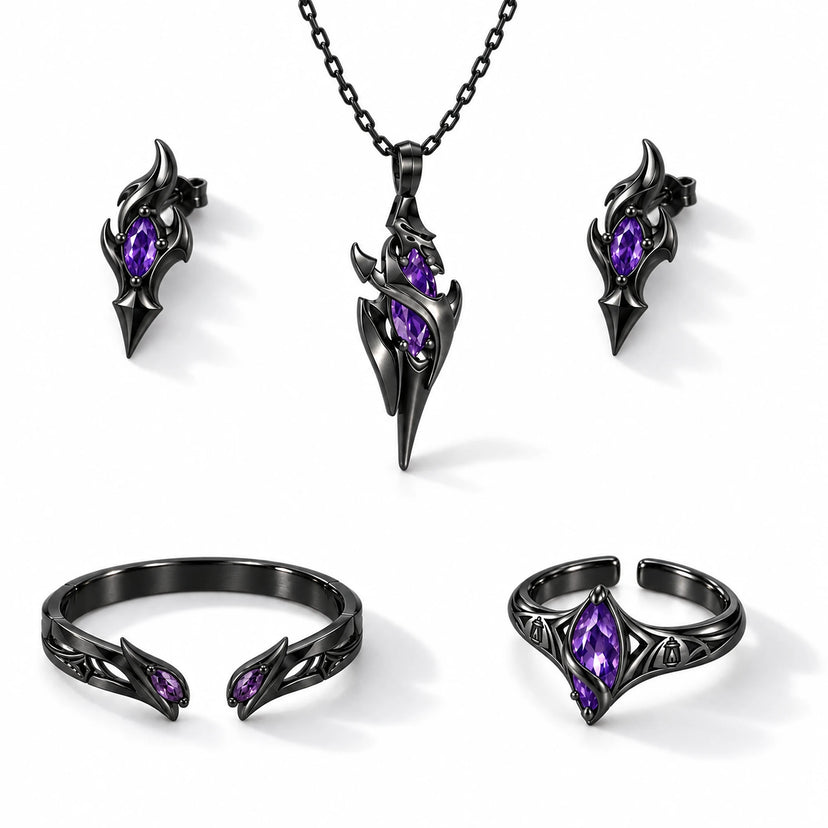 Full Flins Jewelry Collection in Royal Black: violet spear necklace, flame stud earrings, fang cuff bracelet and lantern ring
