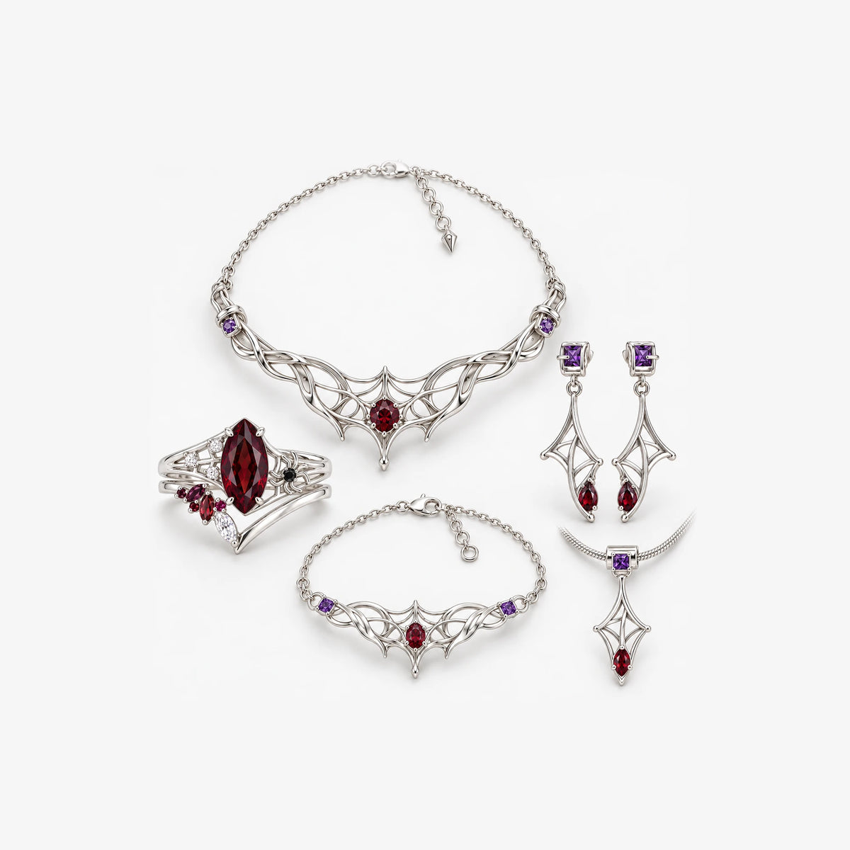 Full Kafka Jewelry Collection in silver: stacking ring set, Velvet Strand earrings, Silk Contract necklace and bracelet, and Little Strand charm, on light grey. A second charm comes free