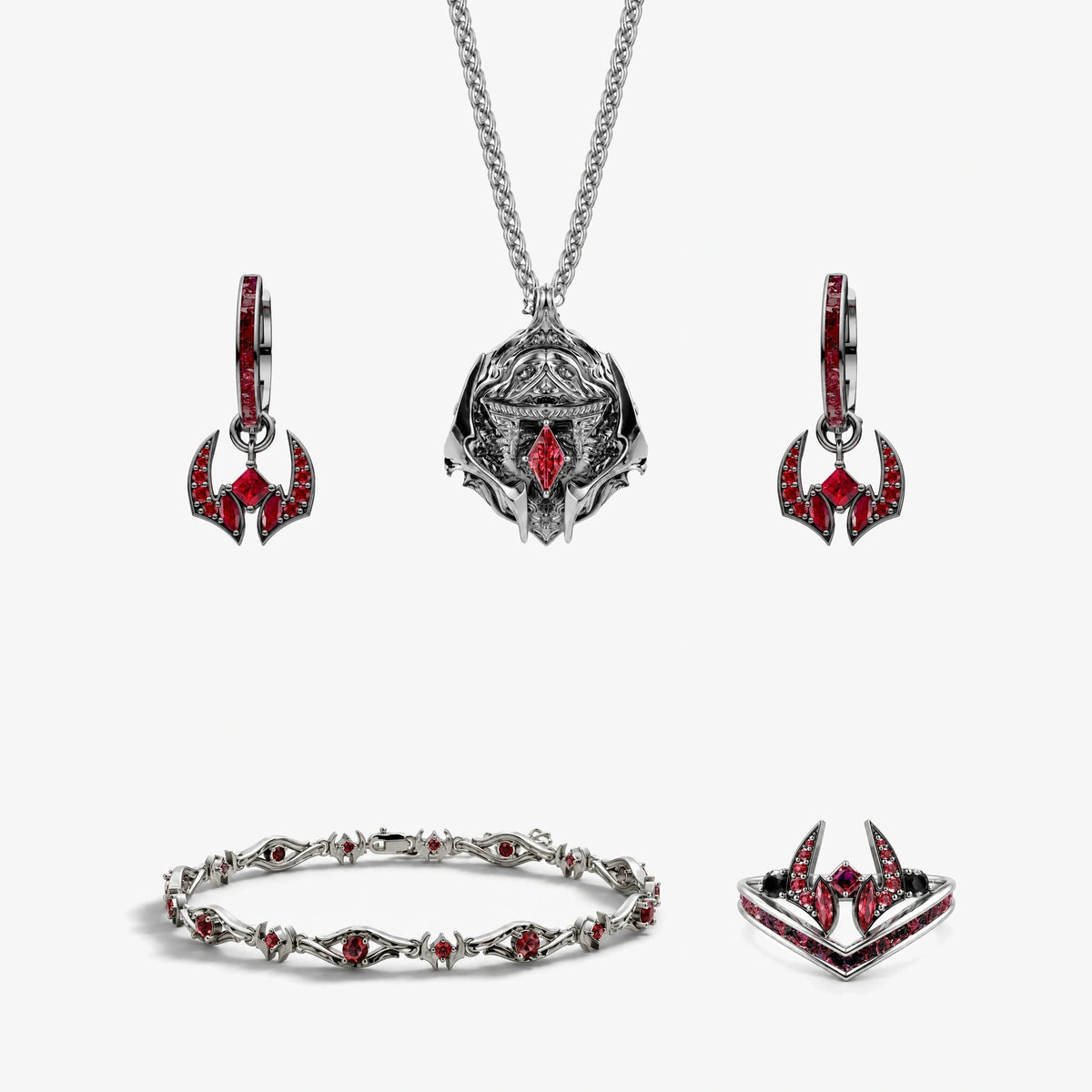 Full Malevolent Shrine Jewelry Collection - all 4 pieces: locket pendant, earrings, bracelet and ring