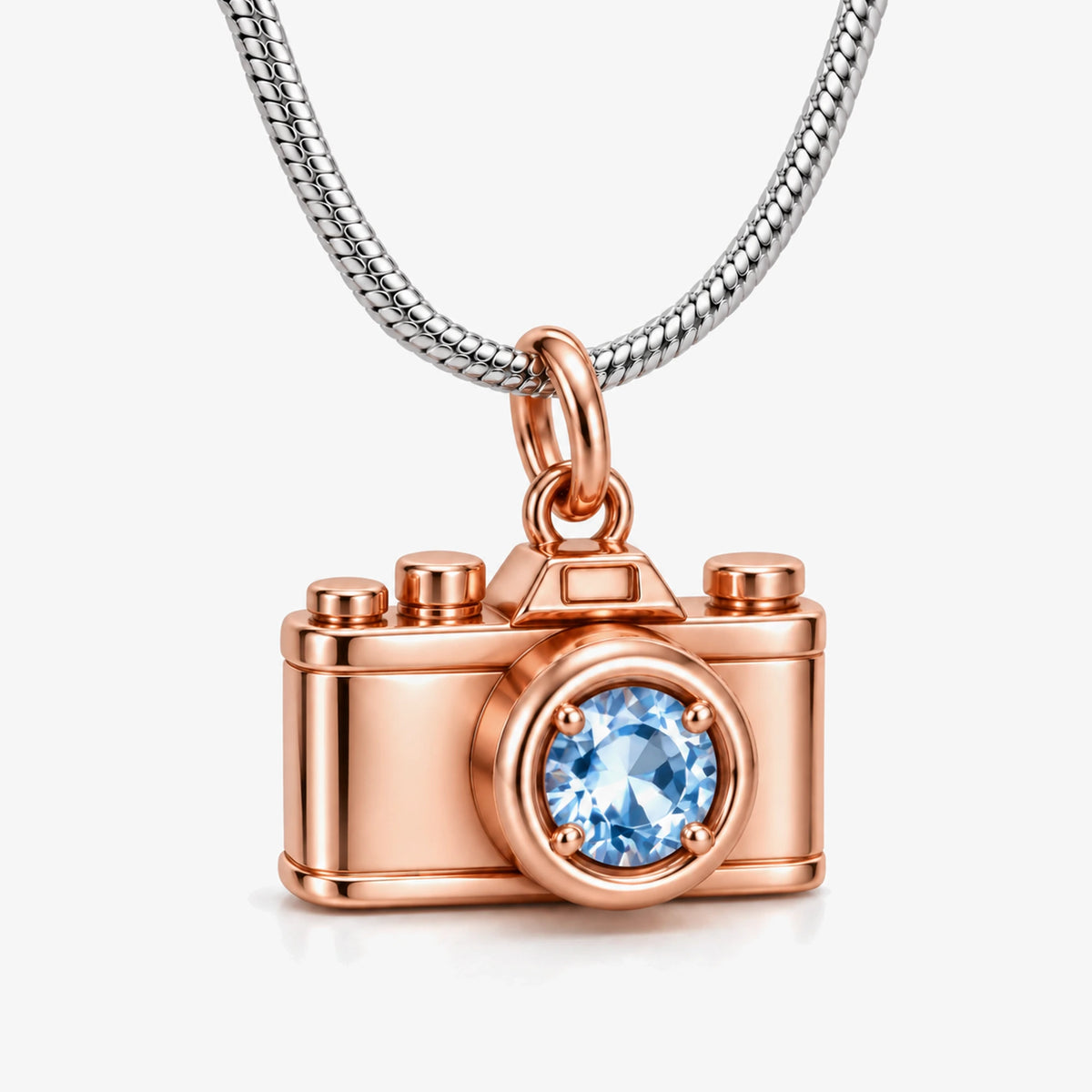 March 7th Camera Charm in rose gold, front view