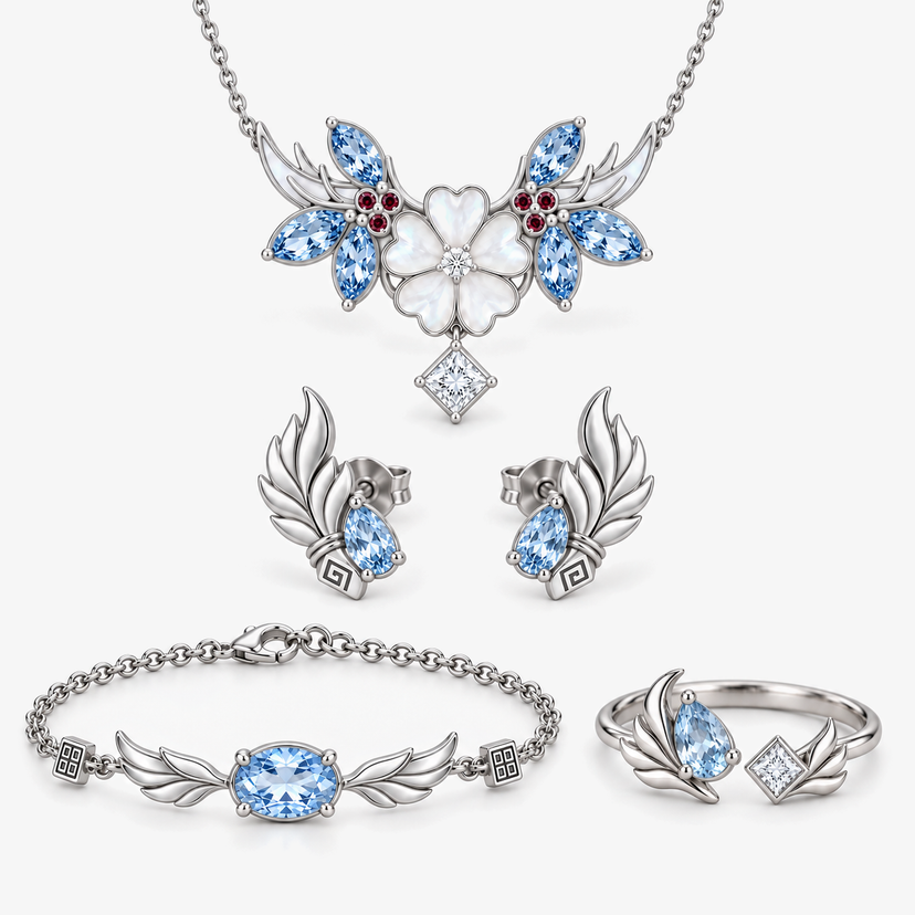 Full Shenhe Jewelry Collection in silver, necklace, earrings, bracelet and adjustable toi-et-moi ring