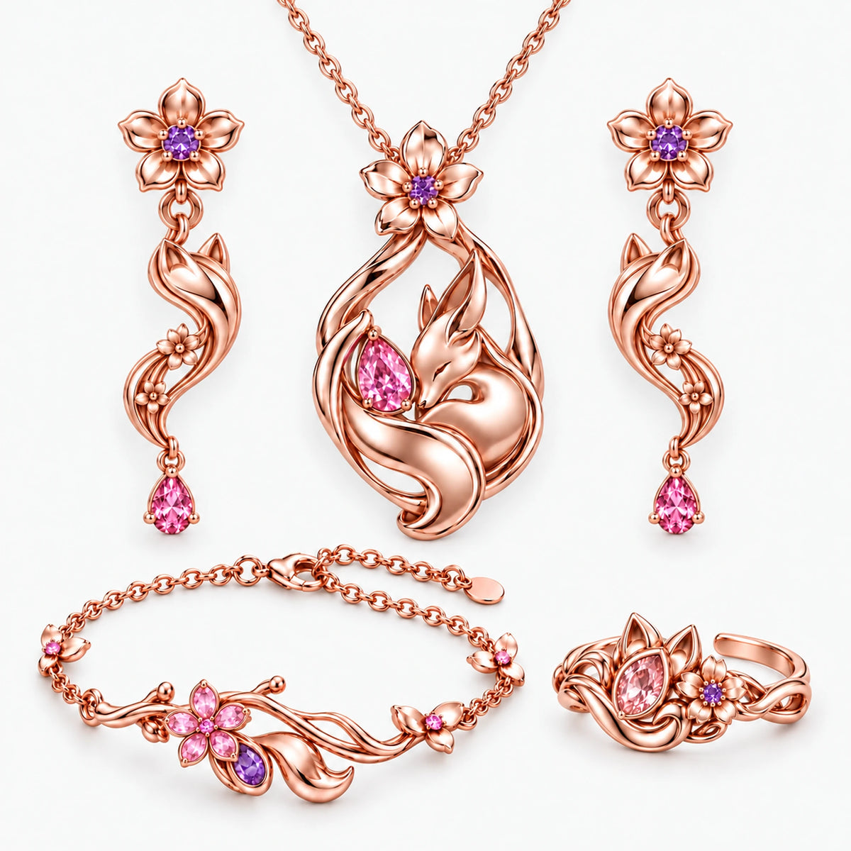 Full Yae Miko Jewelry Collection in rose gold, all pieces