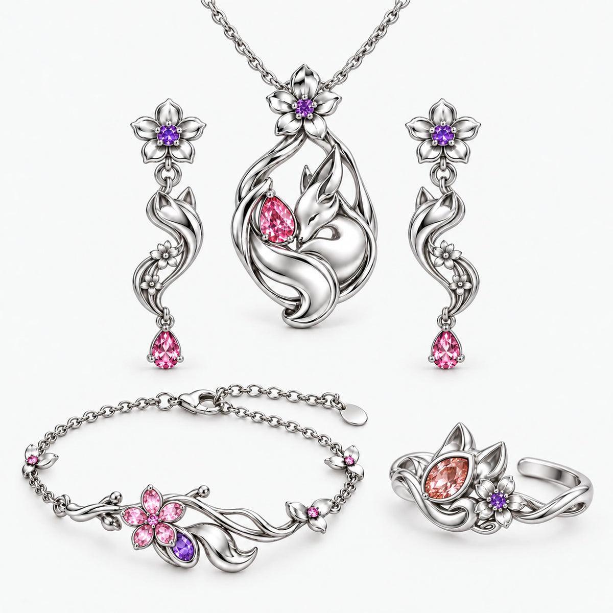 Full Yae Miko Jewelry Collection in silver, all pieces