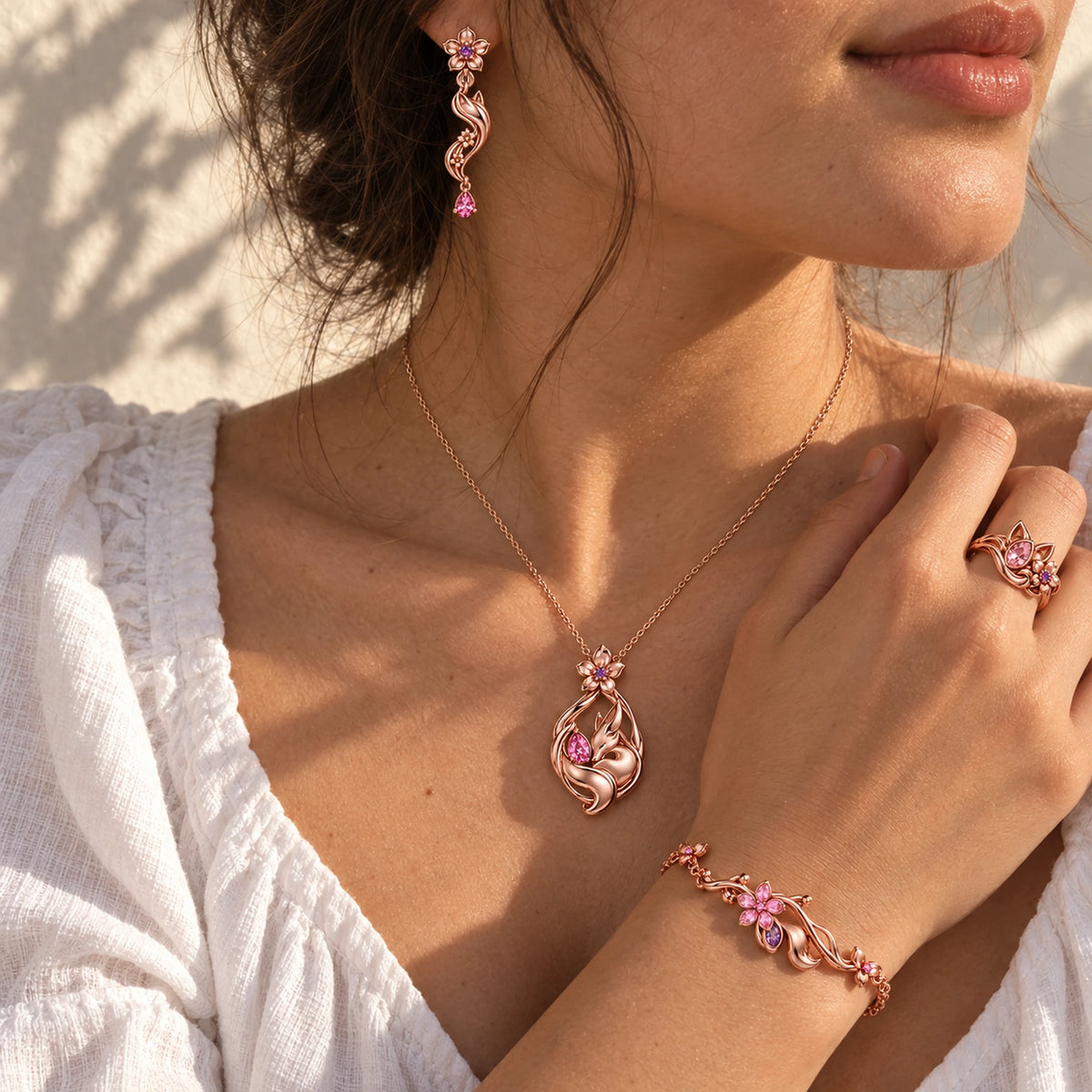 Full Yae Miko Jewelry Collection in rose gold worn together