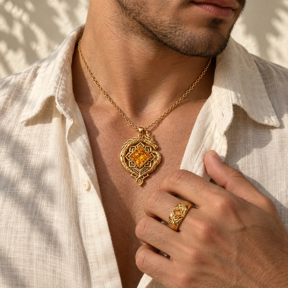 Full Zhongli Jewelry Collection, worn on a model