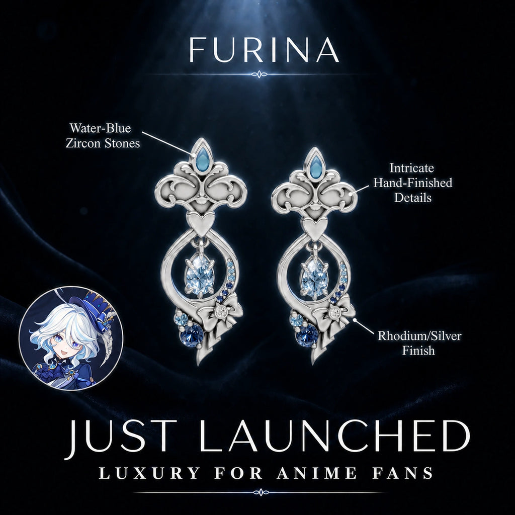 Furina-inspired silver earrings with water-blue gemstones and official Furina character reference