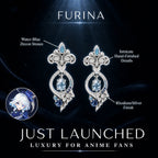 Furina-inspired silver earrings with water-blue gemstones and official Furina character reference