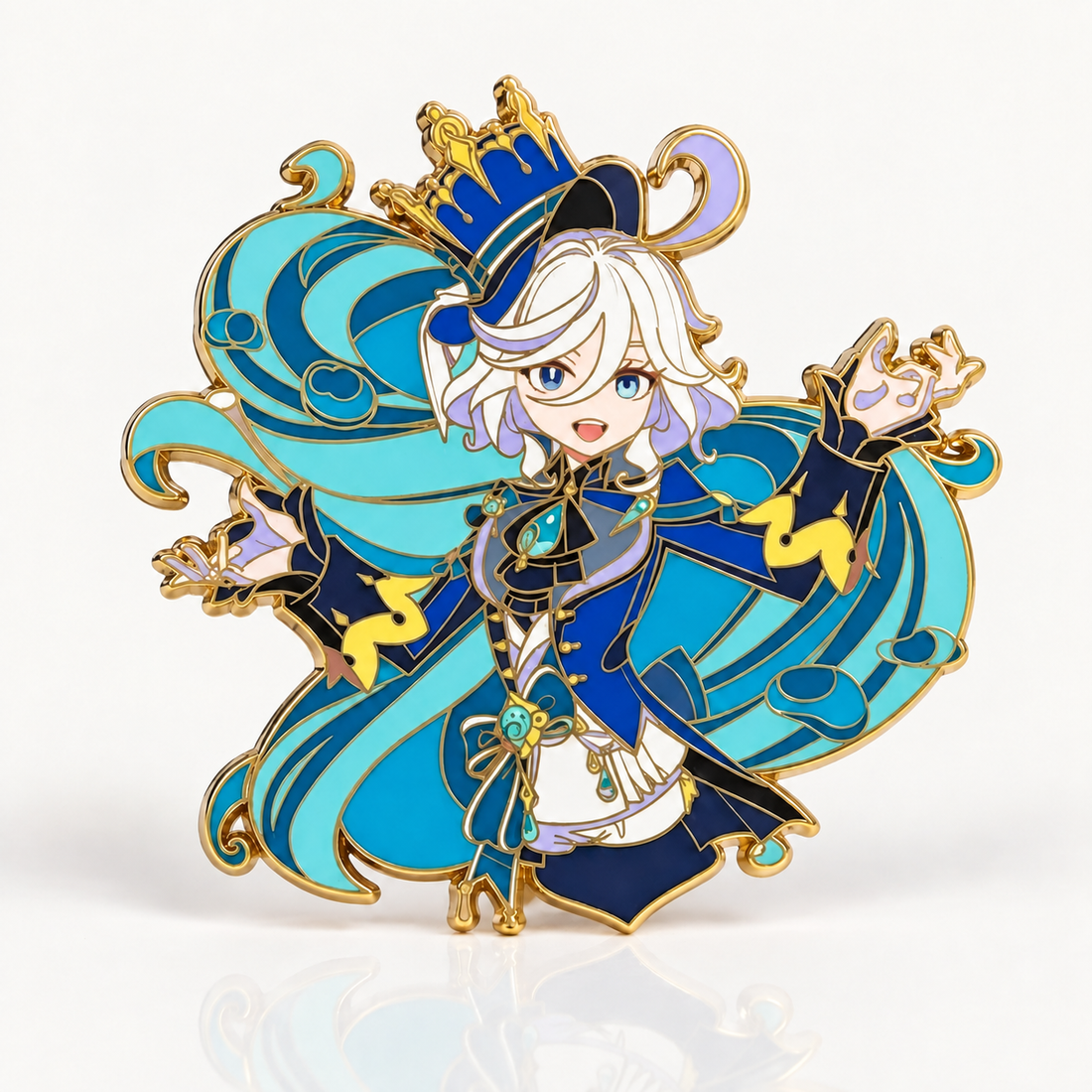 Furina Verdict Glow in the Dark Enamel Pin with the lights on