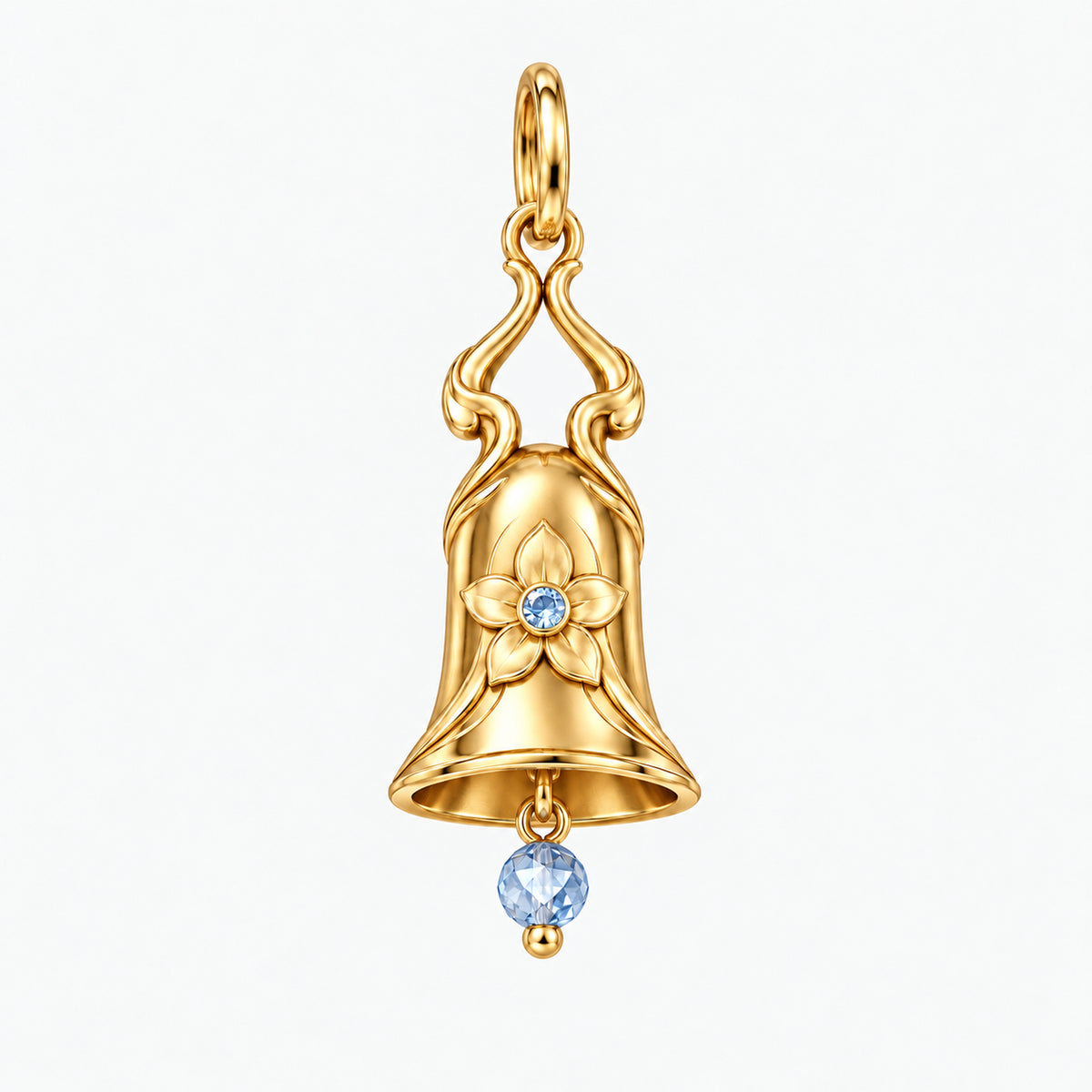 Ganyu bell charm in gold color, front view with flower motif and pale blue accents