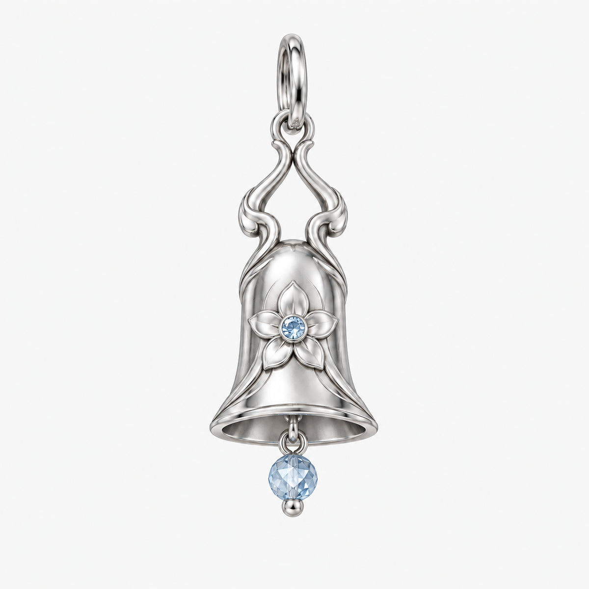 Ganyu bell charm in silver color, front view with flower motif and pale blue accents