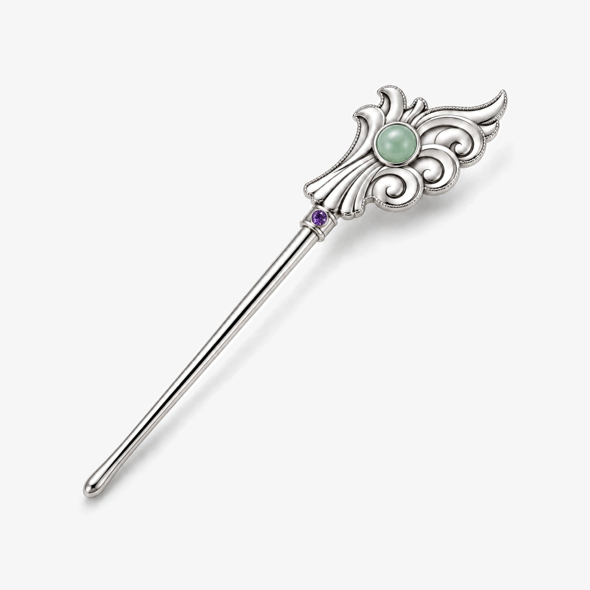 Garden Party Crest Hairpin in silver, as a hairpin, front view