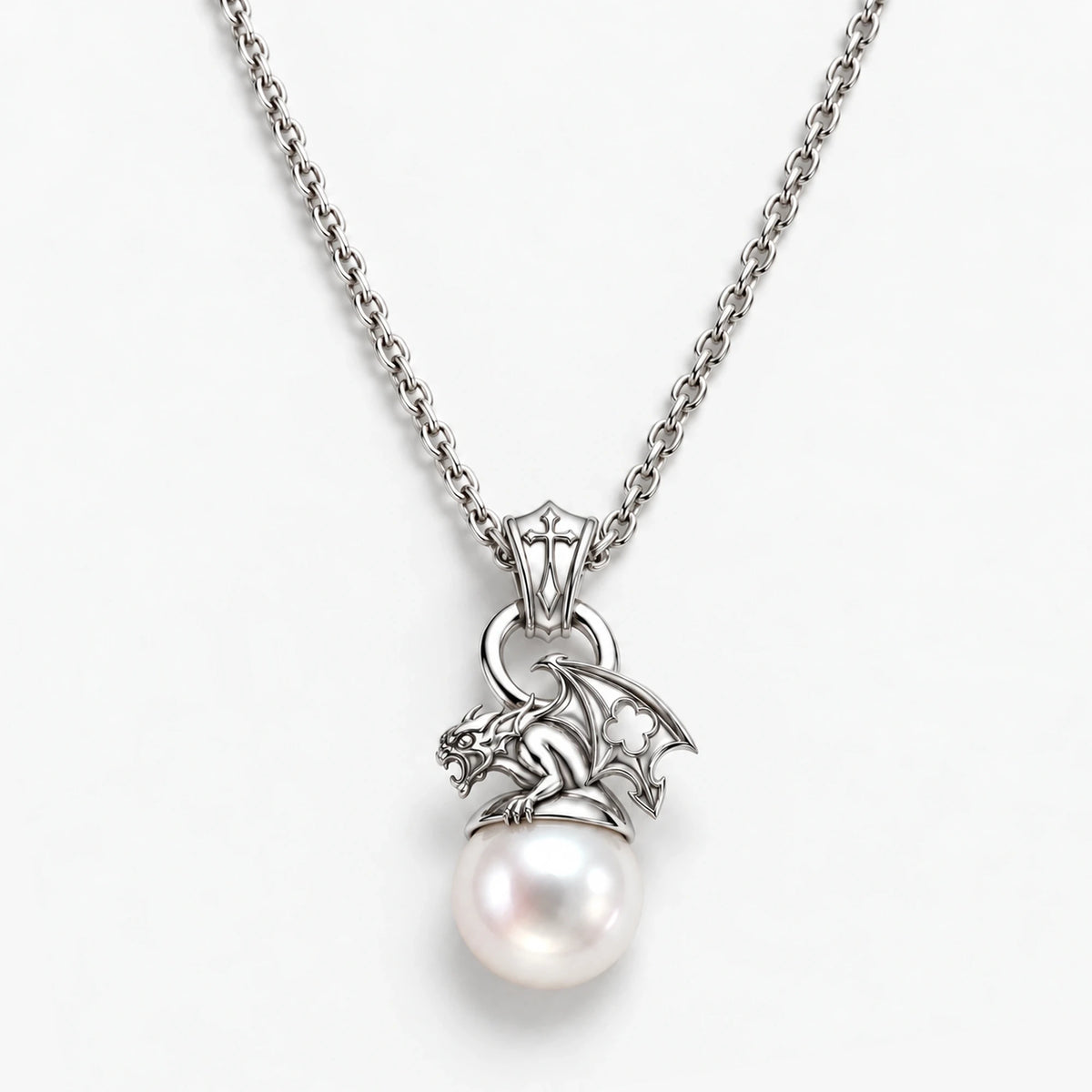Gargoyle Pearl Necklace in Silver, front view