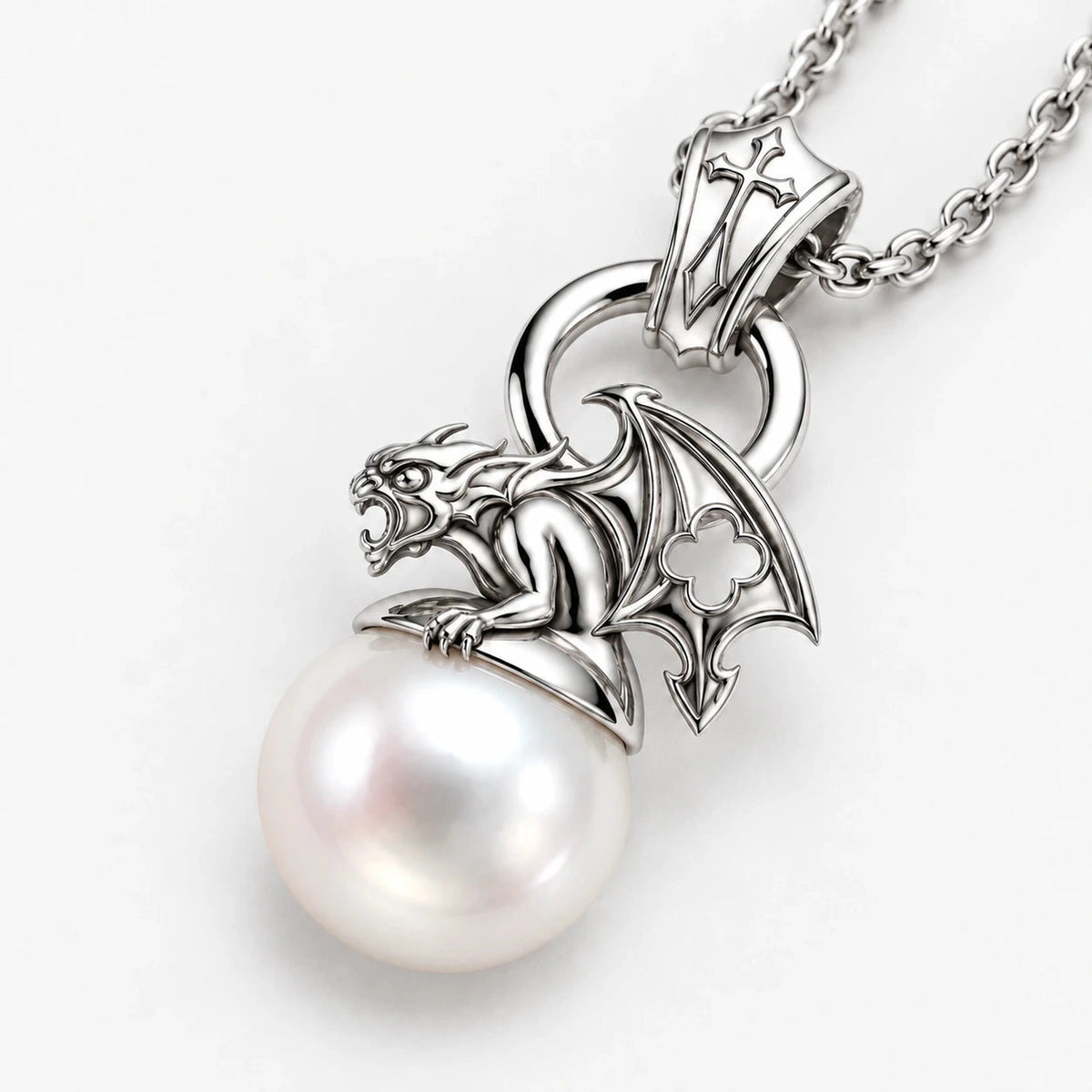 Gargoyle Pearl Necklace in silver, three-quarter view