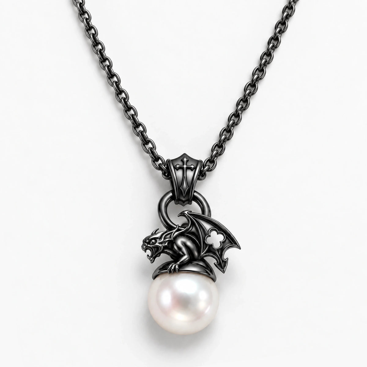 Gargoyle Pearl Necklace in Royal Black, front view