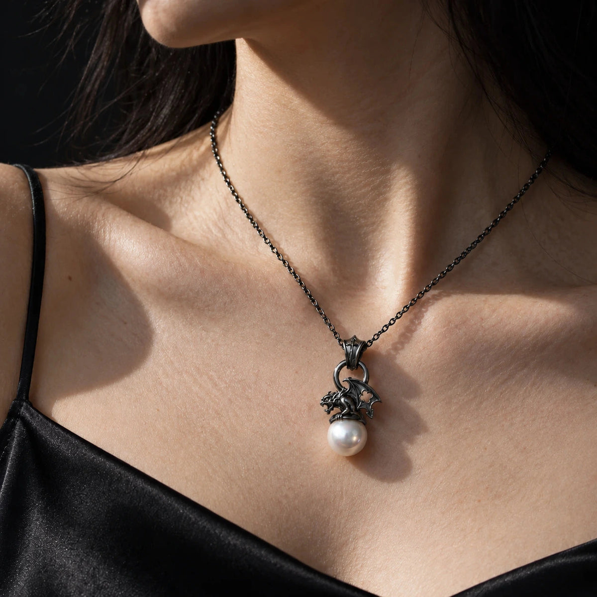 Gargoyle Pearl Necklace in Royal Black, worn
