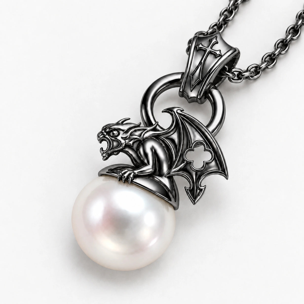Gargoyle Pearl Necklace in Royal Black, three-quarter view