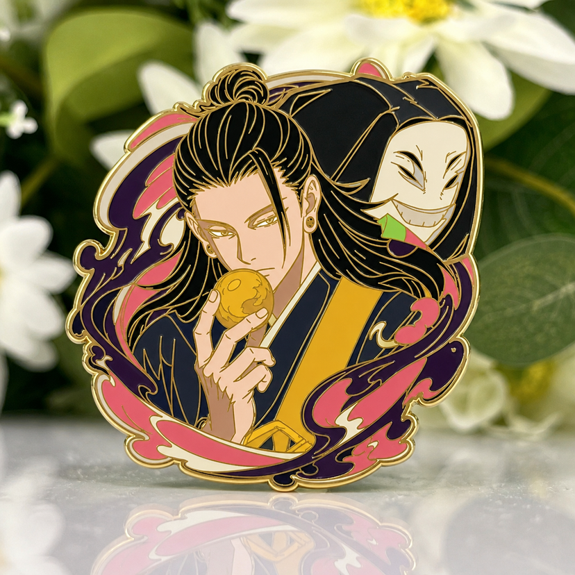 Geto glow-in-the-dark enamel pin on a white flower backdrop