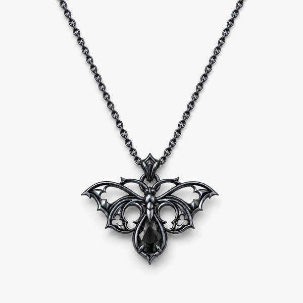Gothic Moth Necklace in Royal Black
