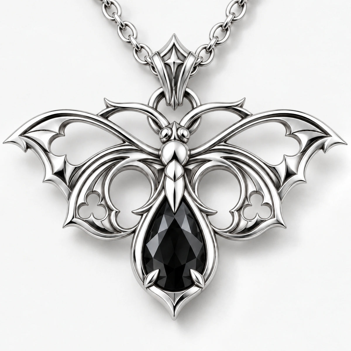 Hell Butterfly Necklace in silver, close-up of the moth pendant