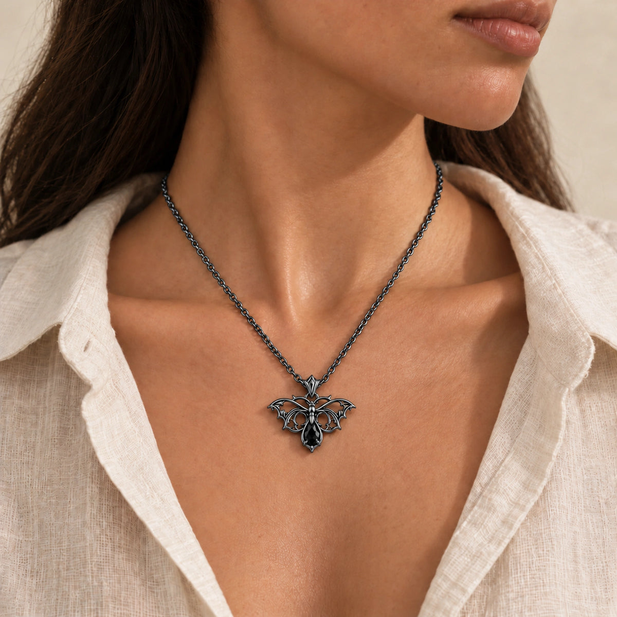 Hell Butterfly Necklace in Royal Black, worn