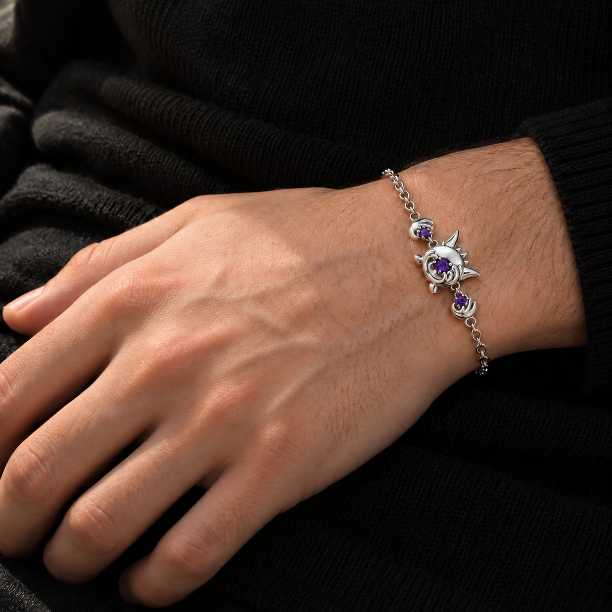 Grin Shade Bracelet in silver, worn on a man's wrist