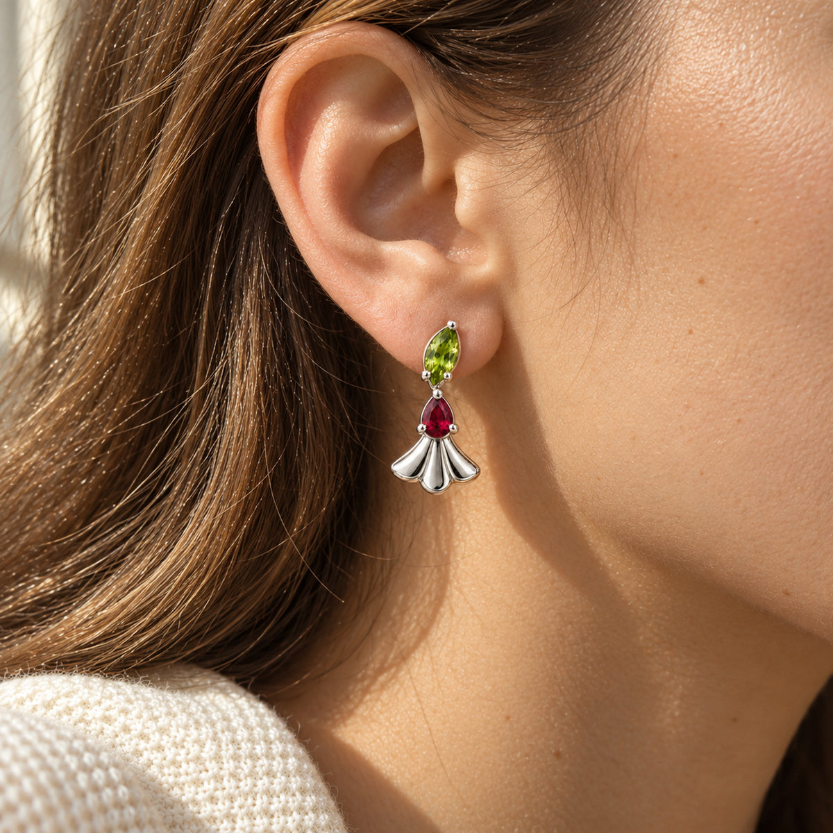 Guardian Gown Earrings in silver, worn