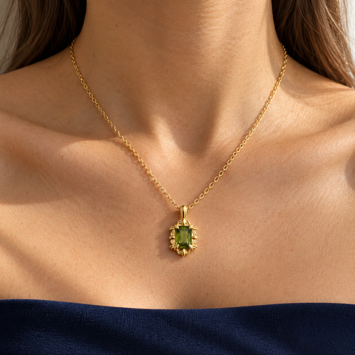 Guardian Gown Necklace in gold, worn