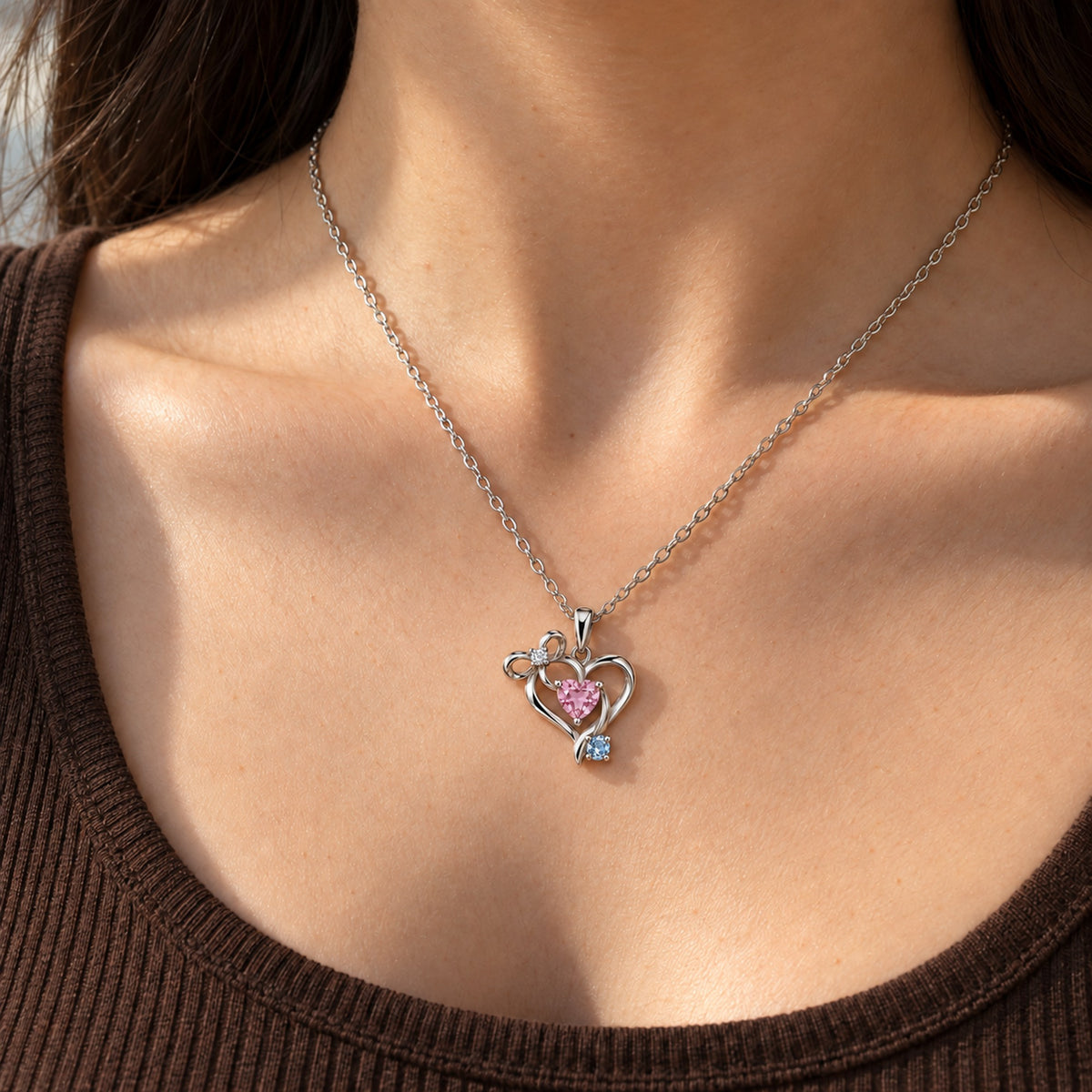 Ribbon Path Necklace in silver, worn