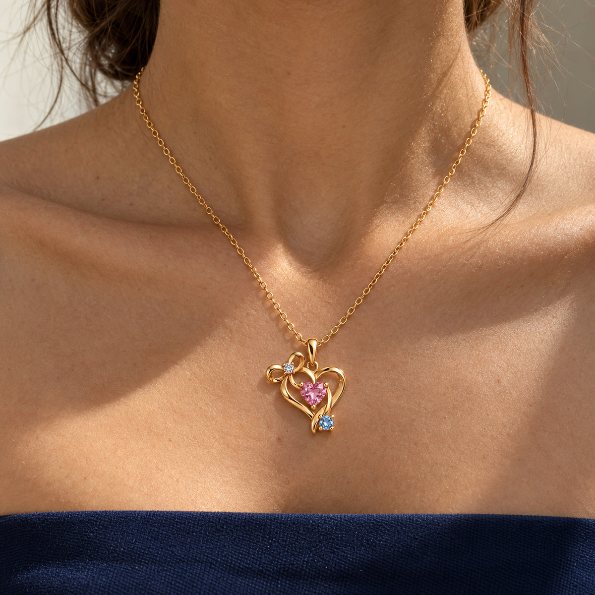 Ribbon Path Necklace in gold, worn