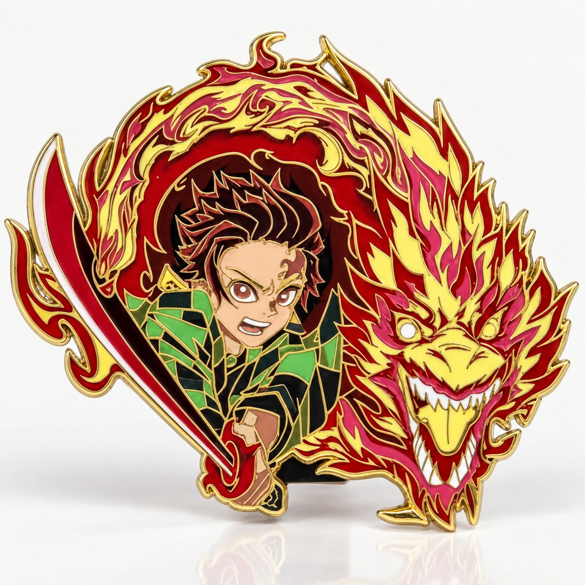 Hinokami Kagura Glow in the Dark Enamel Pin by Kraymer Art, front view on white