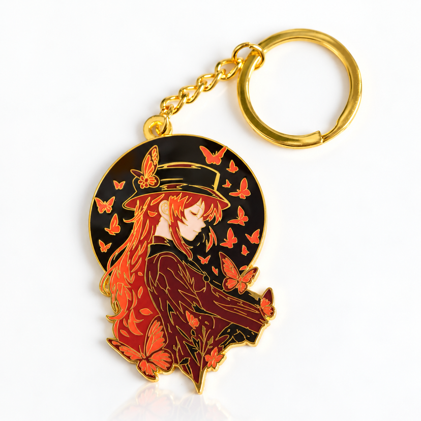 Hu Tao enamel artwork with keyring and chain on a white background
