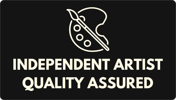Black card with a paintbrush and palette icon with text 'Independent Artist Quality Assured'.