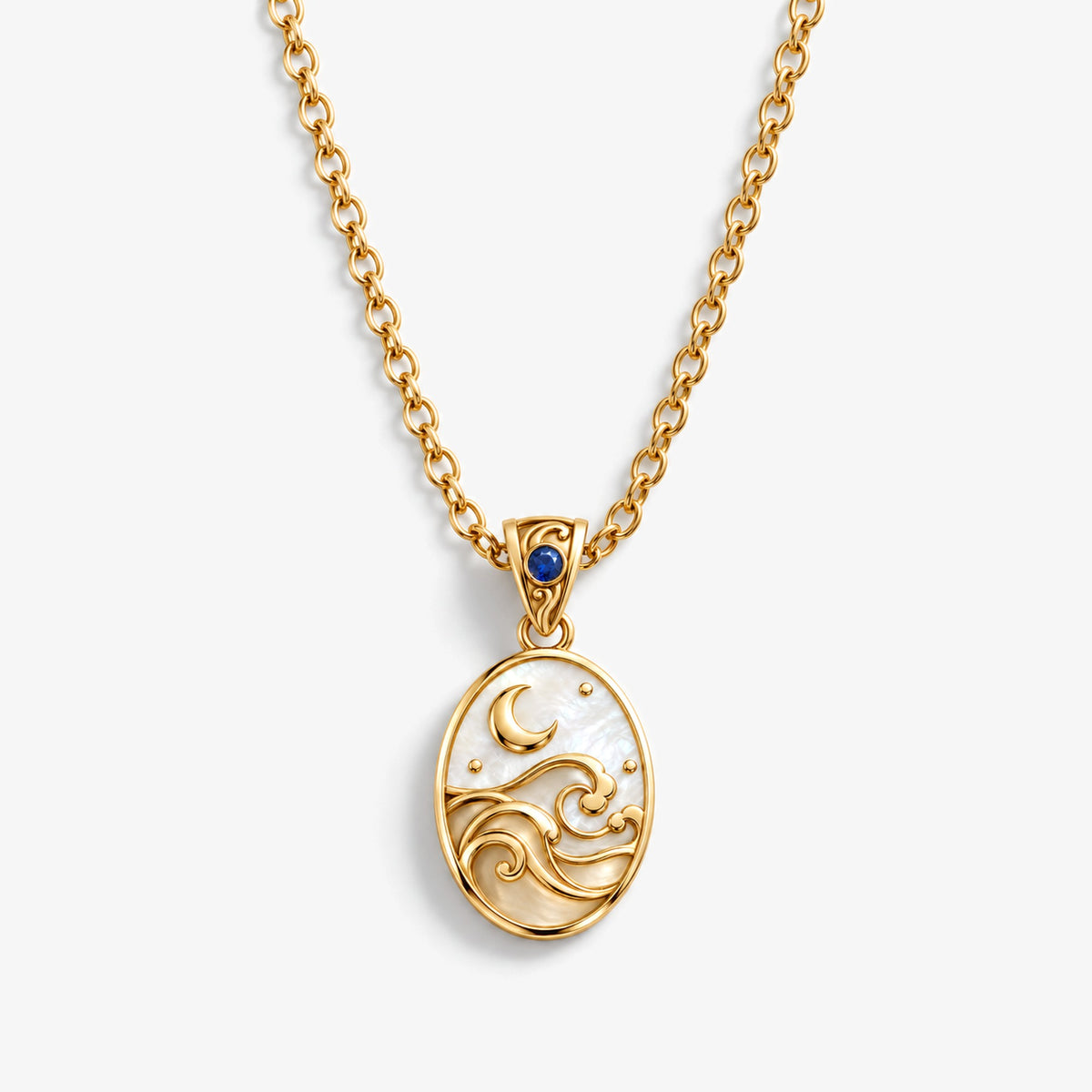 Inherited Tide Moon Necklace in gold, front view