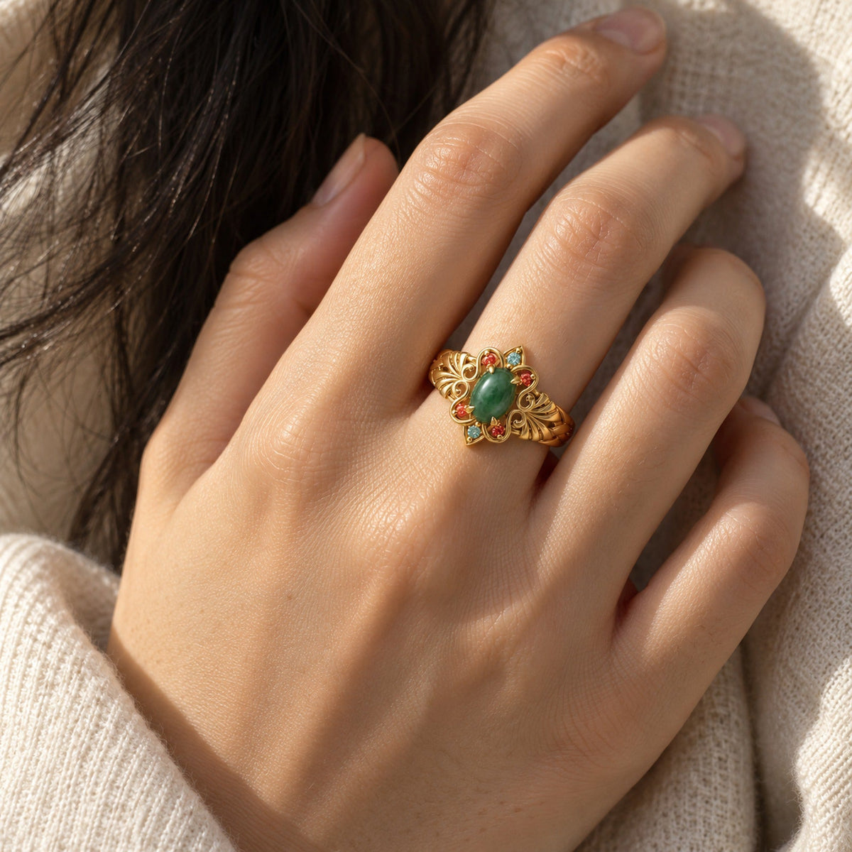 Jade Pavilion Full Collection in gold, the ring worn