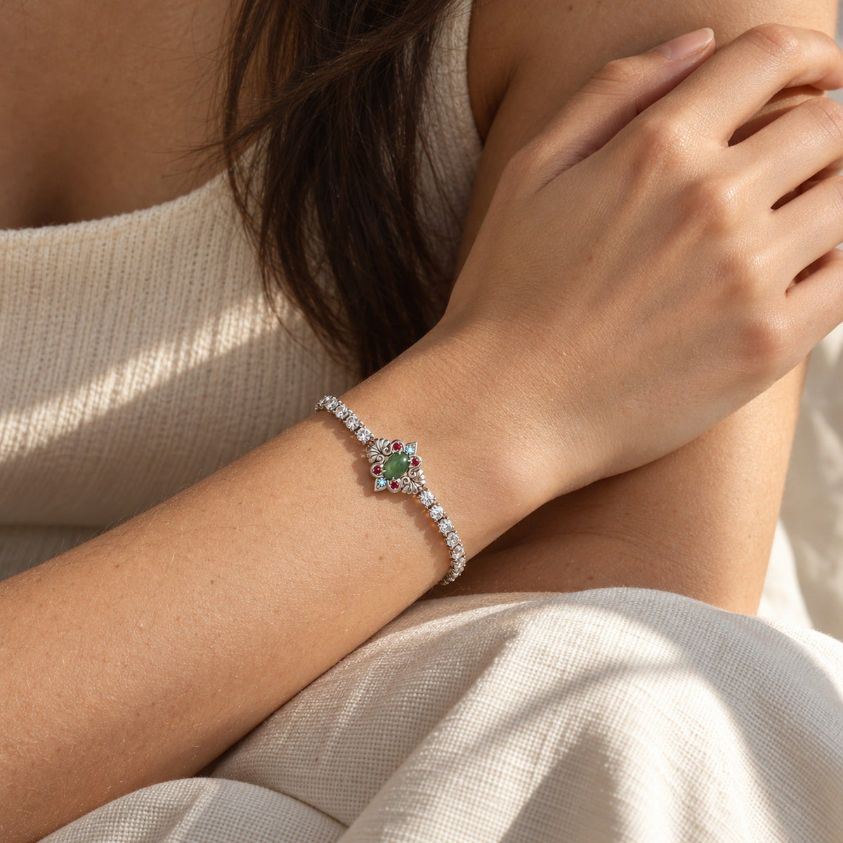 Jade Pavilion Full Collection in silver, the bracelet worn
