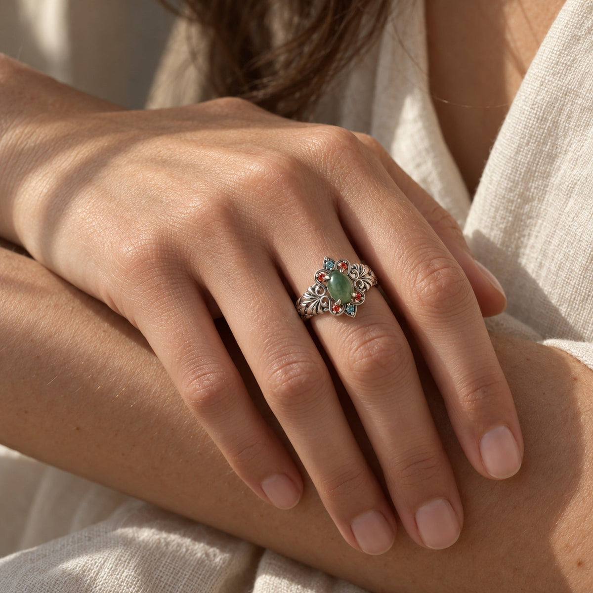 Jade Pavilion Full Collection in silver, the ring worn