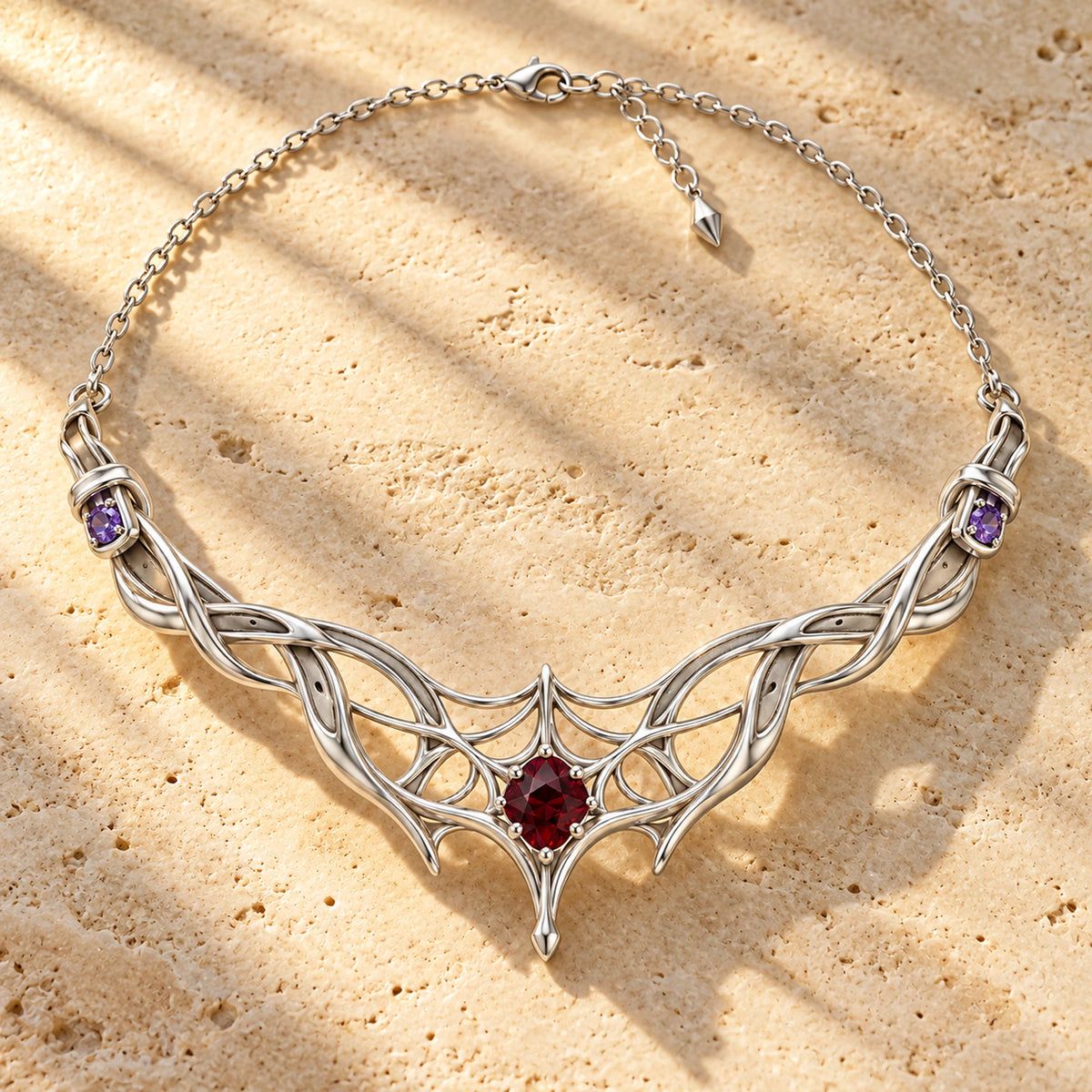 Kafka Silk Contract Necklace in silver, on warm stone in daylight